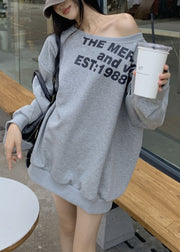 Loose Grey Cold Shoulder Letter Print Cotton Sweatshirt Spring