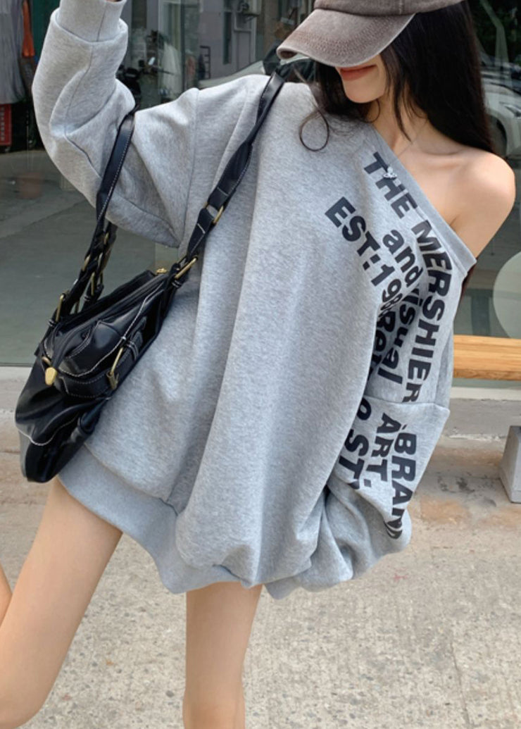 Loose Grey Cold Shoulder Letter Print Cotton Sweatshirt Spring
