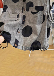 Loose Grey Dot Pockets Drawstring Cotton Waistcoat Sleeveless