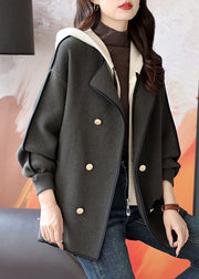 Loose Grey Hooded Double Breast Patchwork Woolen Coats Winter