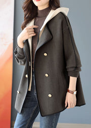 Loose Grey Hooded Double Breast Patchwork Woolen Coats Winter