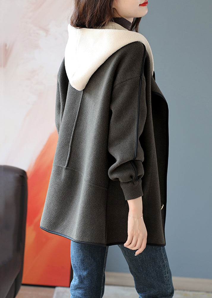 Loose Grey Hooded Double Breast Patchwork Woolen Coats Winter
