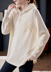 Loose Grey Hooded Lace Patchwork Knitting Cotton T Shirts Fall