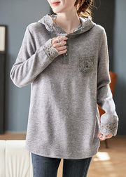 Loose Grey Hooded Lace Patchwork Knitting Cotton T Shirts Fall