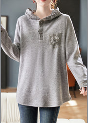 Loose Grey Hooded Lace Patchwork Knitting Cotton T Shirts Fall