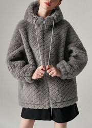 Loose Grey Hooded Pockets Woolen Coat Winter