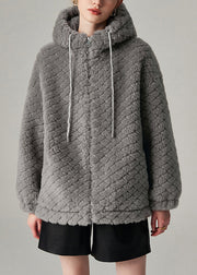 Loose Grey Hooded Pockets Woolen Coat Winter