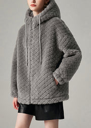 Loose Grey Hooded Pockets Woolen Coat Winter
