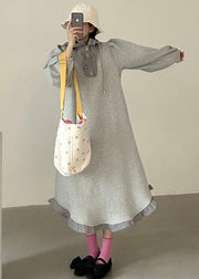 Loose Grey Hooded Ruffled Zippered Cotton Sweatshirt Dress Fall