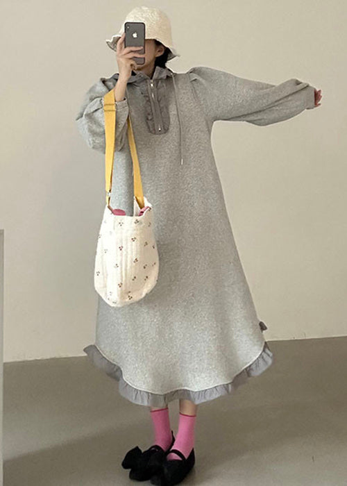 Loose Grey Hooded Ruffled Zippered Cotton Sweatshirt Dress Fall