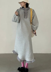 Loose Grey Hooded Ruffled Zippered Cotton Sweatshirt Dress Fall
