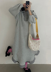 Loose Grey Hooded Ruffled Zippered Cotton Sweatshirt Dress Fall