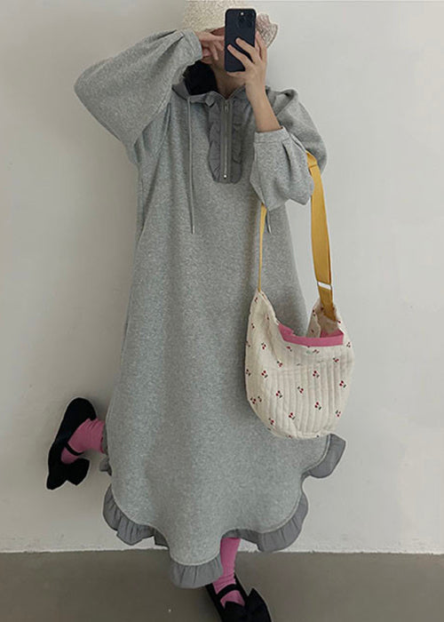 Loose Grey Hooded Ruffled Zippered Cotton Sweatshirt Dress Fall