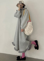 Loose Grey Hooded Ruffled Zippered Cotton Sweatshirt Dress Fall