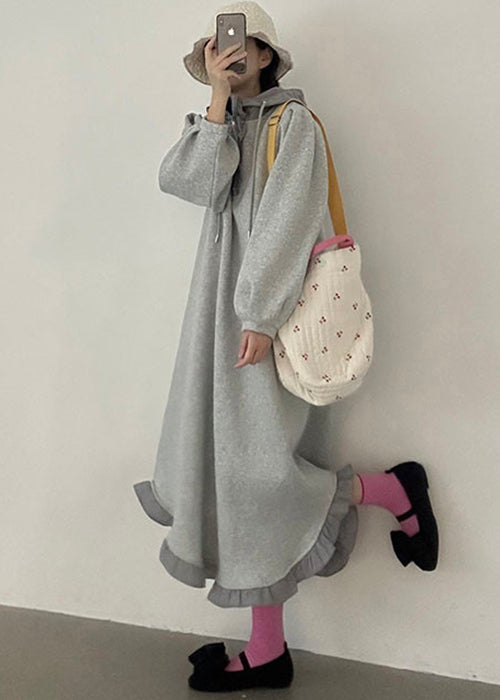 Loose Grey Hooded Ruffled Zippered Cotton Sweatshirt Dress Fall