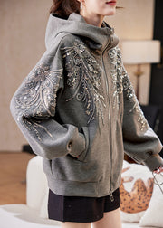 Loose Grey Hooded Sequins Nail Bead Cotton Coats Fall
