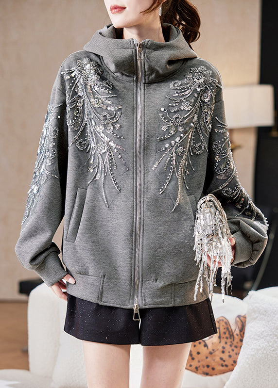 Loose Grey Hooded Sequins Nail Bead Cotton Coats Fall