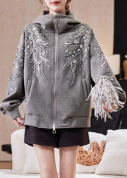 Loose Grey Hooded Sequins Nail Bead Cotton Coats Fall