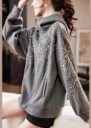 Loose Grey Hooded Sequins Nail Bead Cotton Coats Fall