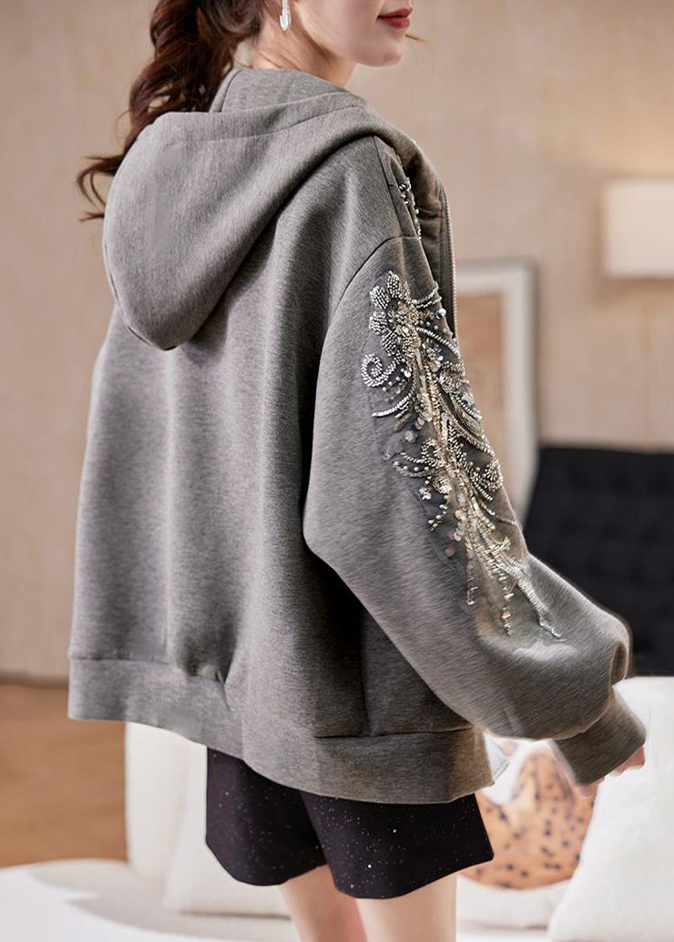 Loose Grey Hooded Sequins Nail Bead Cotton Coats Fall