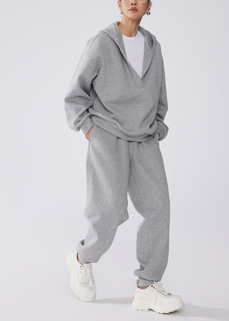 Loose Grey Hooded Sweatshirt And Pants Warm Fleece Two Pieces Set Winter