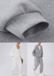 Loose Grey Hooded Sweatshirt And Pants Warm Fleece Two Pieces Set Winter
