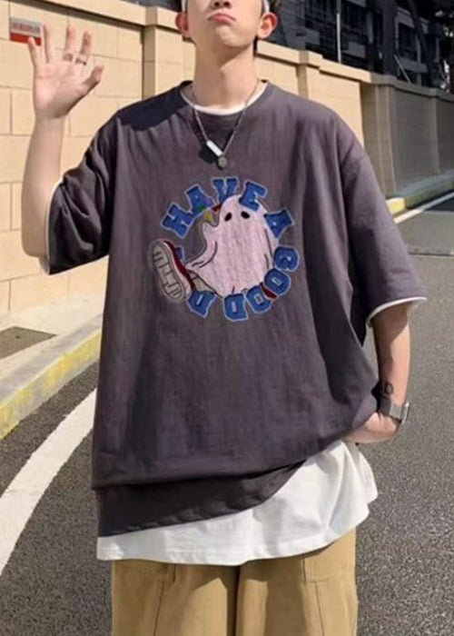 Loose Grey Letter Cartoon Print Cotton Men T Shirts Summer