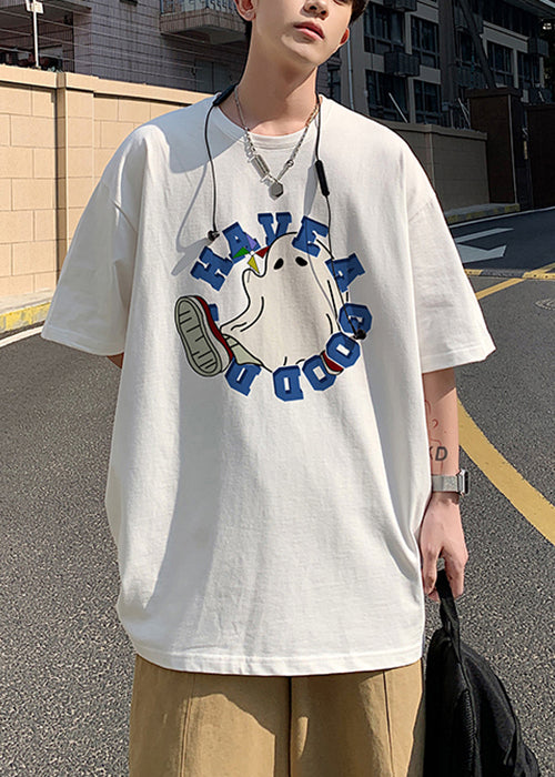 Loose Grey Letter Cartoon Print Cotton Men T Shirts Summer