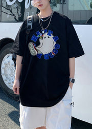 Loose Grey Letter Cartoon Print Cotton Men T Shirts Summer