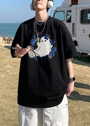 Loose Grey Letter Cartoon Print Cotton Men T Shirts Summer
