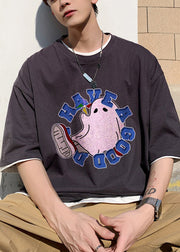 Loose Grey Letter Cartoon Print Cotton Men T Shirts Summer