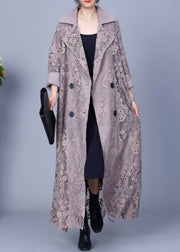 Loose Grey Notched Double Breast Lace Trench Coat Spring