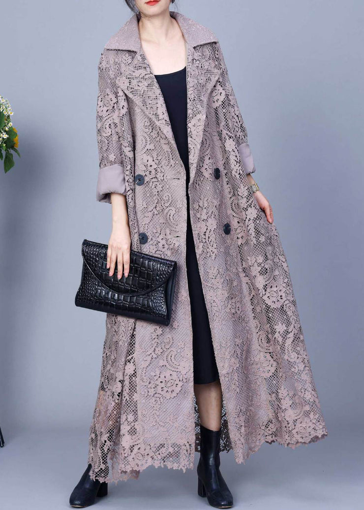 Loose Grey Notched Double Breast Lace Trench Coat Spring
