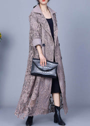Loose Grey Notched Double Breast Lace Trench Coat Spring