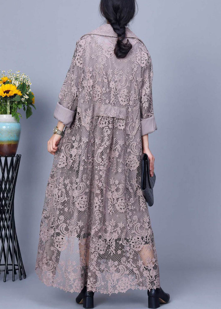 Loose Grey Notched Double Breast Lace Trench Coat Spring