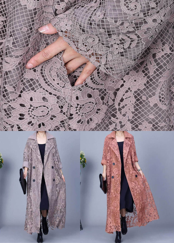Loose Grey Notched Double Breast Lace Trench Coat Spring