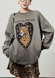 Loose Grey O Neck Animal Letter Cotton T Shirt Fall