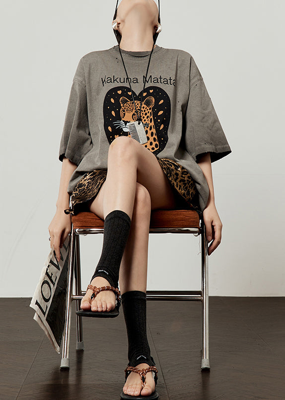 Loose Grey O Neck Animal Letter Cotton T Shirt Fall
