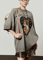 Loose Grey O Neck Animal Letter Cotton T Shirt Fall