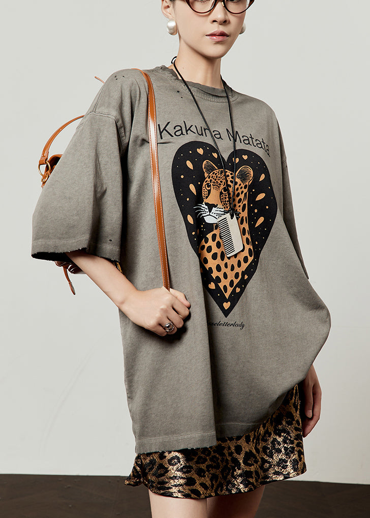 Loose Grey O Neck Animal Letter Cotton T Shirt Fall