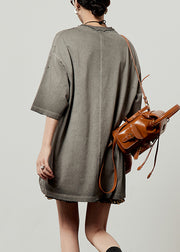 Loose Grey O Neck Animal Letter Cotton T Shirt Fall