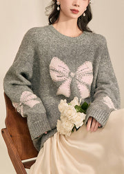 Loose Grey O-Neck Bow Cozy Cotton Knit Sweater Tops Fall