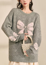 Loose Grey O-Neck Bow Cozy Cotton Knit Sweater Tops Fall