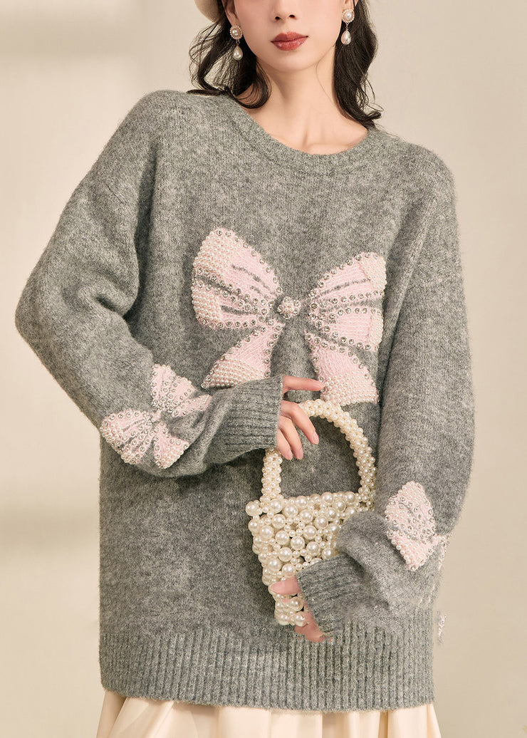 Loose Grey O-Neck Bow Cozy Cotton Knit Sweater Tops Fall