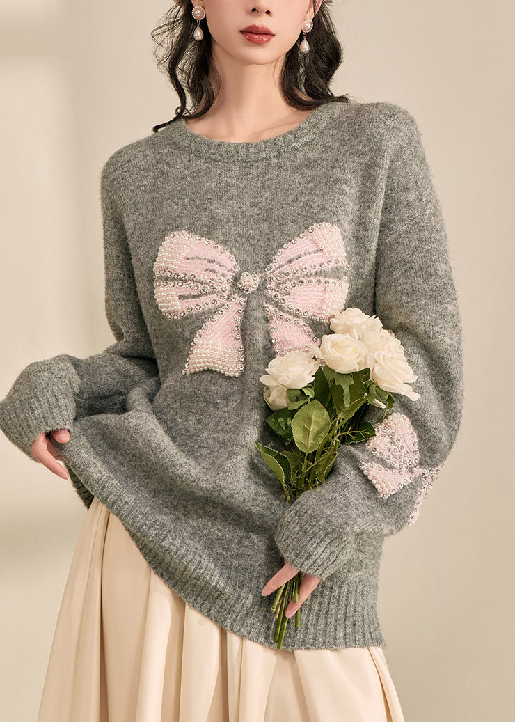 Loose Grey O-Neck Bow Cozy Cotton Knit Sweater Tops Fall