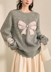 Loose Grey O-Neck Bow Cozy Cotton Knit Sweater Tops Fall