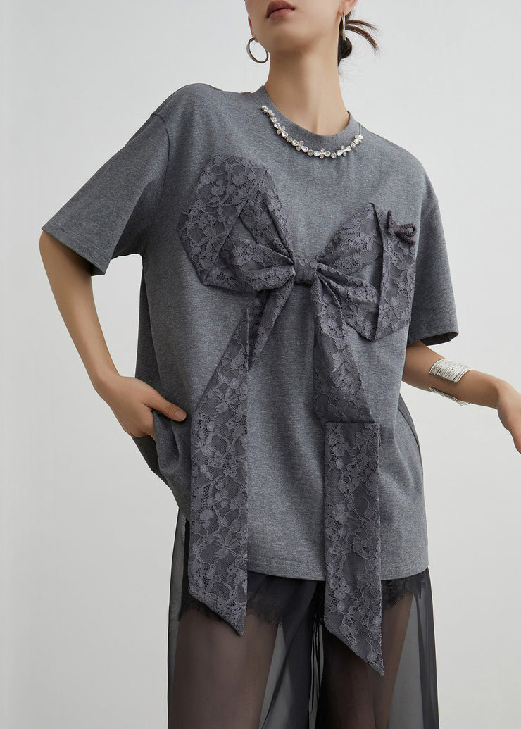Loose Grey O Neck Bow Patchwork Cotton T Shirt Summer