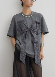 Loose Grey O Neck Bow Patchwork Cotton T Shirt Summer