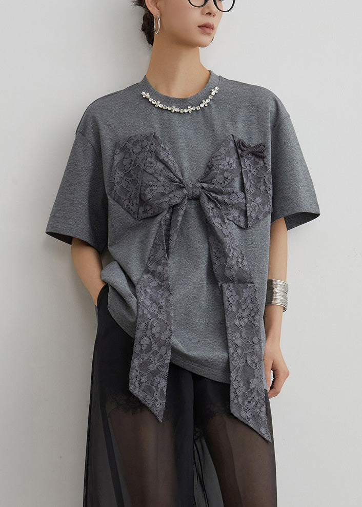 Loose Grey O Neck Bow Patchwork Cotton T Shirt Summer