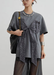 Loose Grey O Neck Bow Patchwork Cotton T Shirt Summer